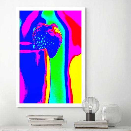 Vivid Country - Trinity Beach - Champagne Strawberry Cheers - 200003v10b - Room View, Pop art-style image of a strawberry on the rim of a champagne glass, rendered in vibrant neon colours including magenta, blue, red, green, and yellow, set against a radiating background of psychedelic stripes.