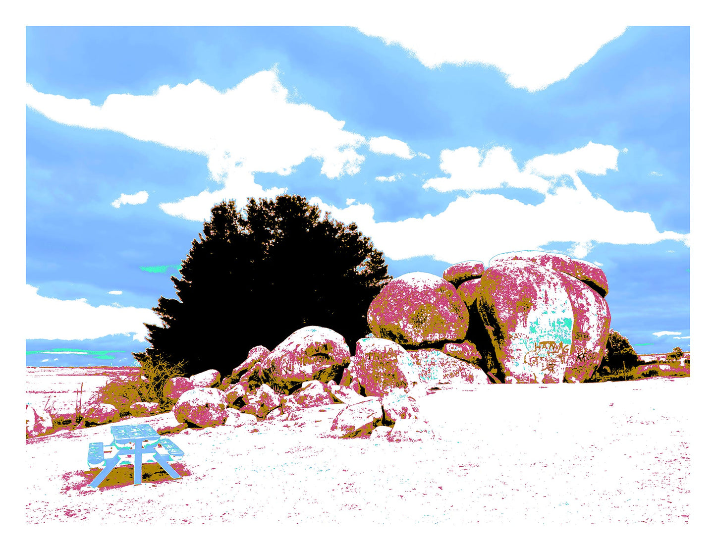 Vivid Country - Uralla Thunderbolts Rock - 4072v78 - 104x81.5cm, a fine art Pop Art style print of Thunderbolts Rock in Uralla, NSW. Large granite boulders in pink, moss green, and white sit under a vivid blue sky with scattered clouds, beside a light blue picnic table on a pale ground plane.