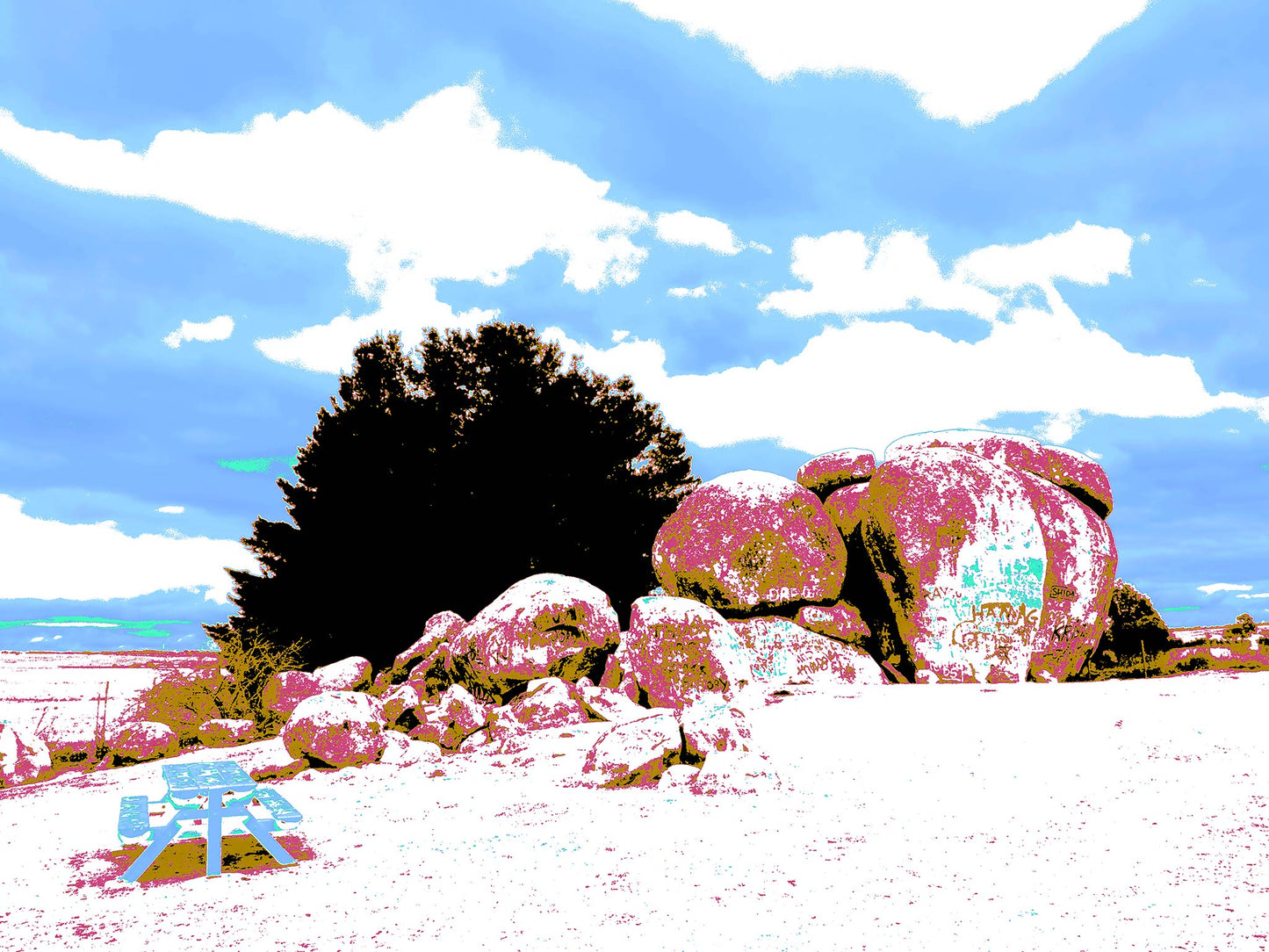 Vivid Country - Uralla Thunderbolts Rock - 4072v78 - 90x67.5cm, a fine art Pop Art style print of Thunderbolts Rock in Uralla, NSW. Large granite boulders in pink, moss green, and white sit under a vivid blue sky with scattered clouds, beside a light blue picnic table on a pale ground plane.