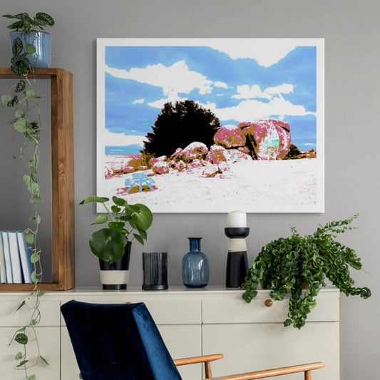 Vivid Country - Uralla Thunderbolts Rock - 4072v78 - Room View, a fine art Pop Art style print of Thunderbolts Rock in Uralla, NSW. Large granite boulders in pink, moss green, and white sit under a vivid blue sky with scattered clouds, beside a light blue picnic table on a pale ground plane.
