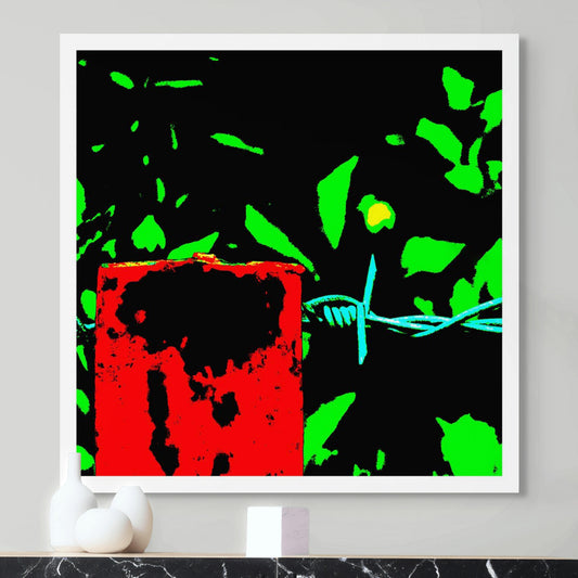 Vivid Country - Urliup Barbed Wire Fence - 5945v8a - Room View, a close-up Pop Art-style fine art print showing a weathered red fence post and barbed wire against a high contrast background of neon green leaves and black shadow. Vivid rural minimalism captured in graphic detail.