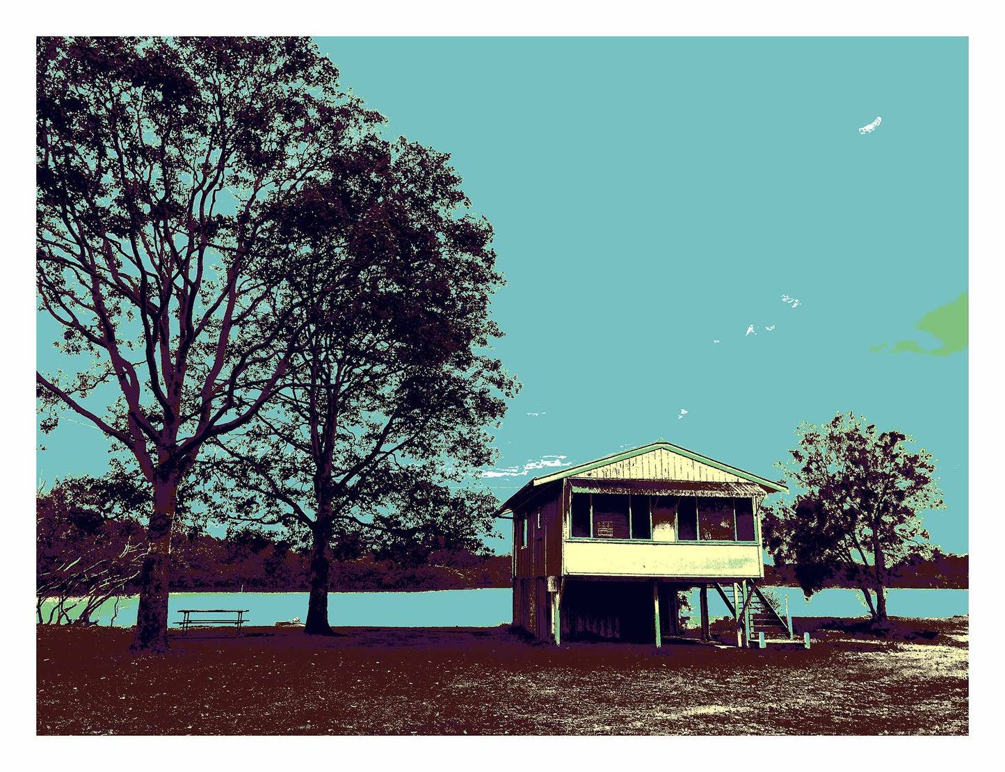 Vivid Country - Urunga River House - 6393v44 - 104x81.5cm, a raised riverfront house stands beside tall silhouetted trees in Urunga, rendered in muted Pop Art tones of teal, brown, and green. A tranquil riverscape with a picnic bench evokes a sense of stillness and simplicity.