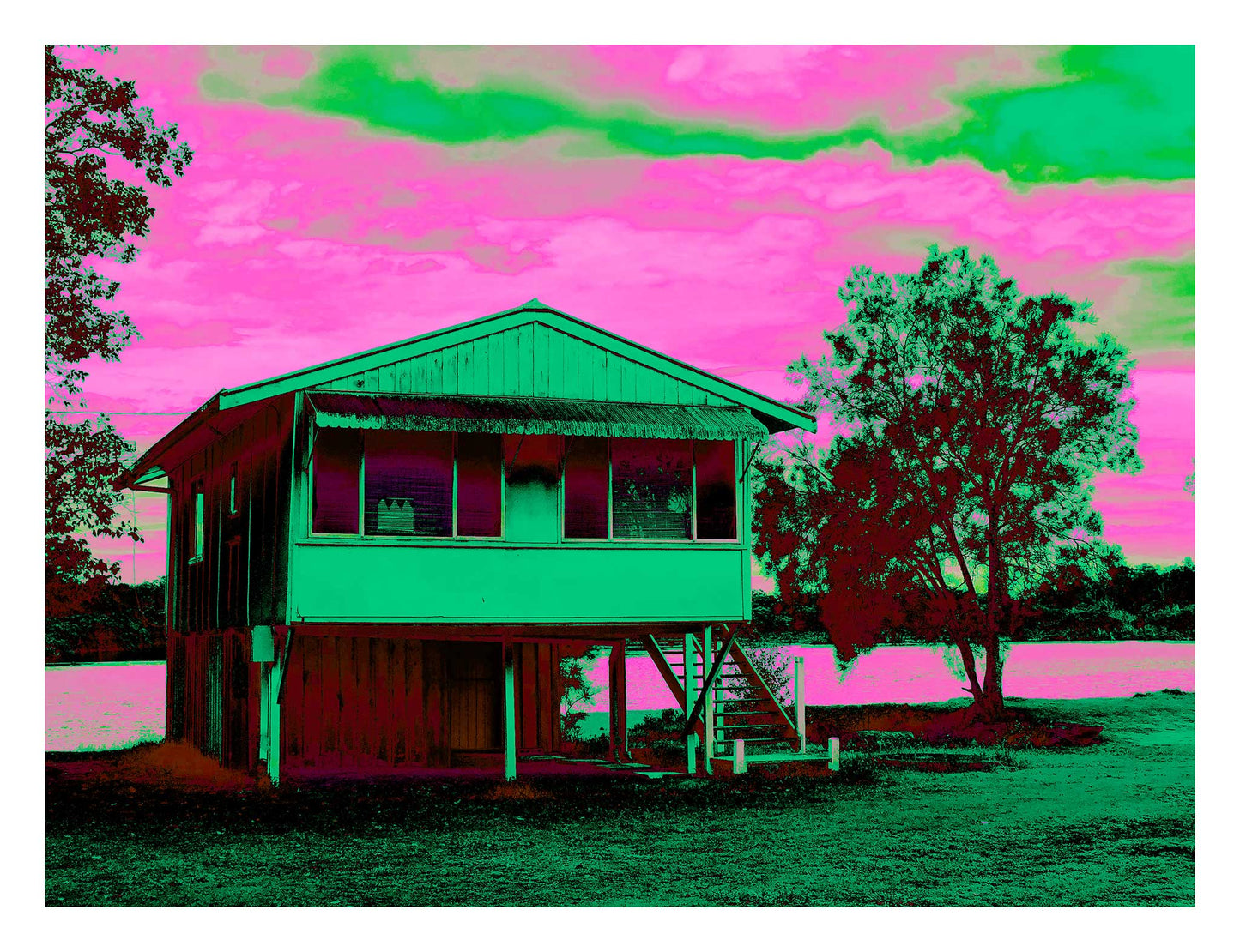 Vivid Country - Urunga River House - 6394v24a - 104x81.5cm, a Pop Art style fine art print depicting a raised weatherboard house beside the river in Urunga, NSW. Rendered in vibrant green and pink tones with rich shadowing, the image celebrates everyday architecture and riverside stillness.