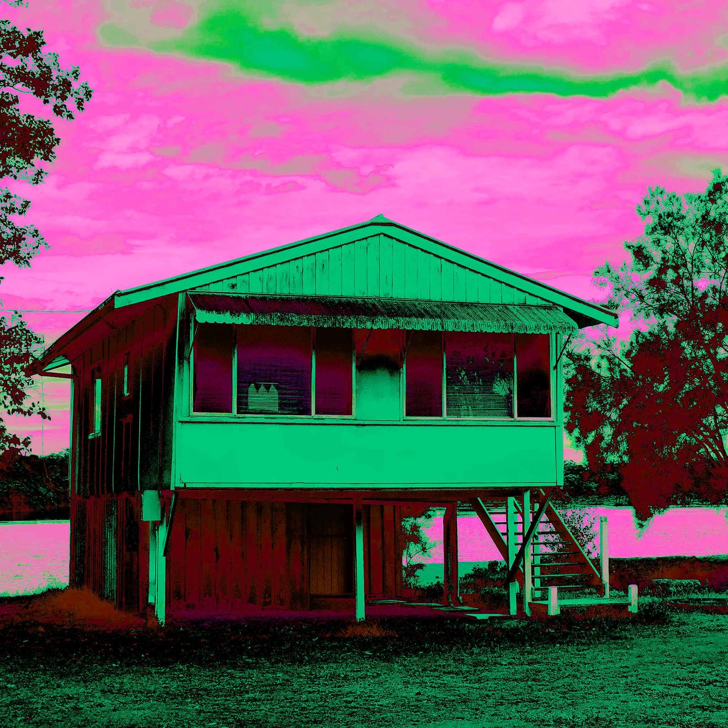 Vivid Country - Urunga River House - 6394v24a - Close Detail View, a Pop Art style fine art print depicting a raised weatherboard house beside the river in Urunga, NSW. Rendered in vibrant green and pink tones with rich shadowing, the image celebrates everyday architecture and riverside stillness.