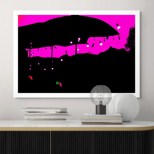 Vivid Country - Wollumbin Party Lights - 8771v6 - Room View, a stylised Pop Art print showing the silhouette of Wollumbin beneath a market umbrella and string lights, set against a vivid magenta sky. Lantern bulbs and soft shapes create a festive foreground, merging landscape and celebration.
