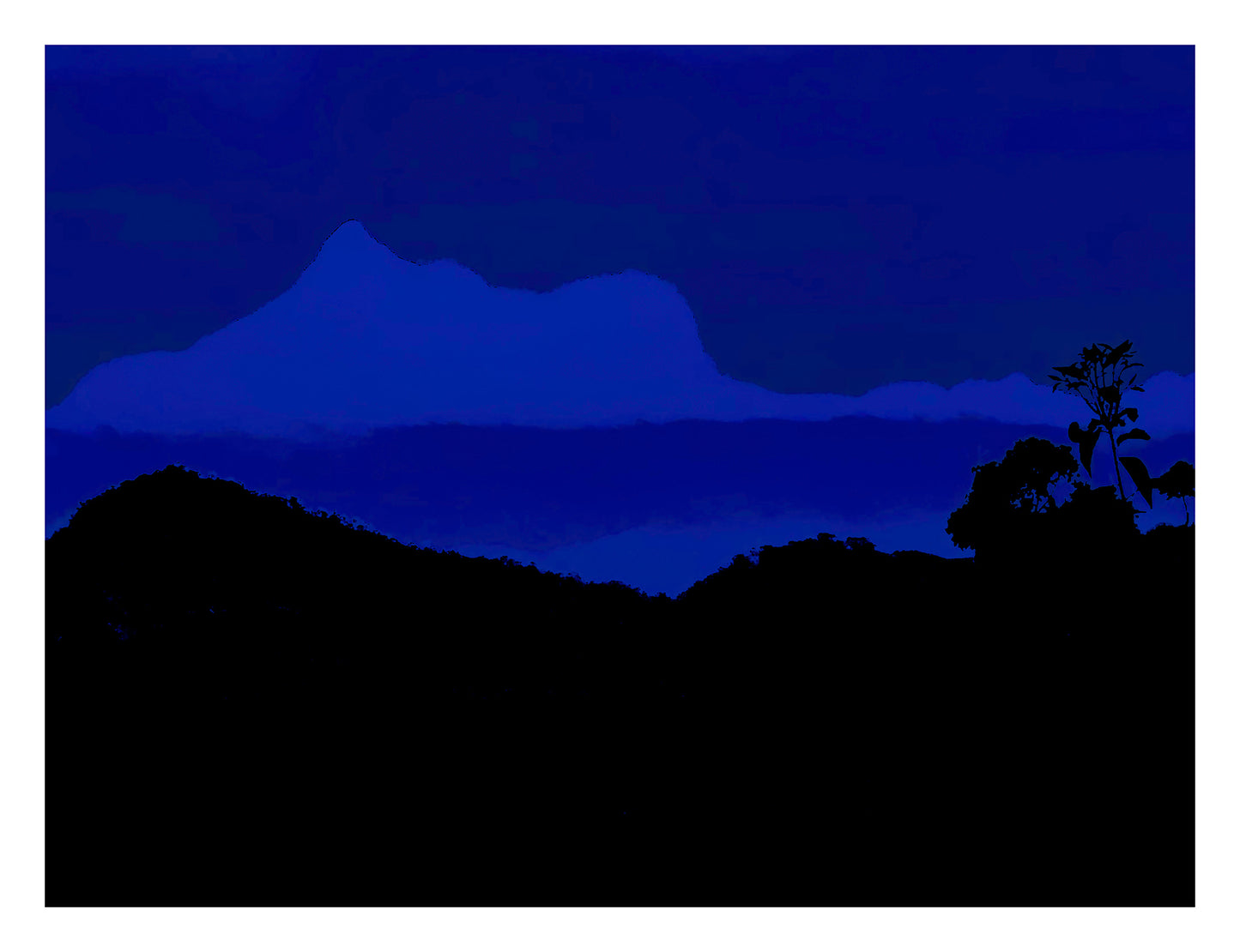 Vivid Country - Wollumbin View from Urliup - 5569 - 104x81.5cm, a bold Pop Art-style fine art print in rich blue tonal bands featuring the silhouetted form of Wollumbin (Mount Warning) seen from Urliup. Layered landscape ridges and tropical foliage frame the sacred peak at dawn, evoking stillness, reverence, and memory.