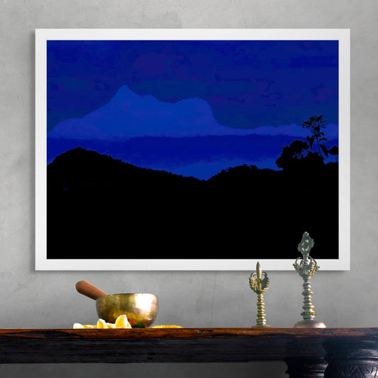 Vivid Country - Wollumbin View from Urliup - 5569 - Room View, a bold Pop Art-style fine art print in rich blue tonal bands featuring the silhouetted form of Wollumbin (Mount Warning) seen from Urliup. Layered landscape ridges and tropical foliage frame the sacred peak at dawn, evoking stillness, reverence, and memory.