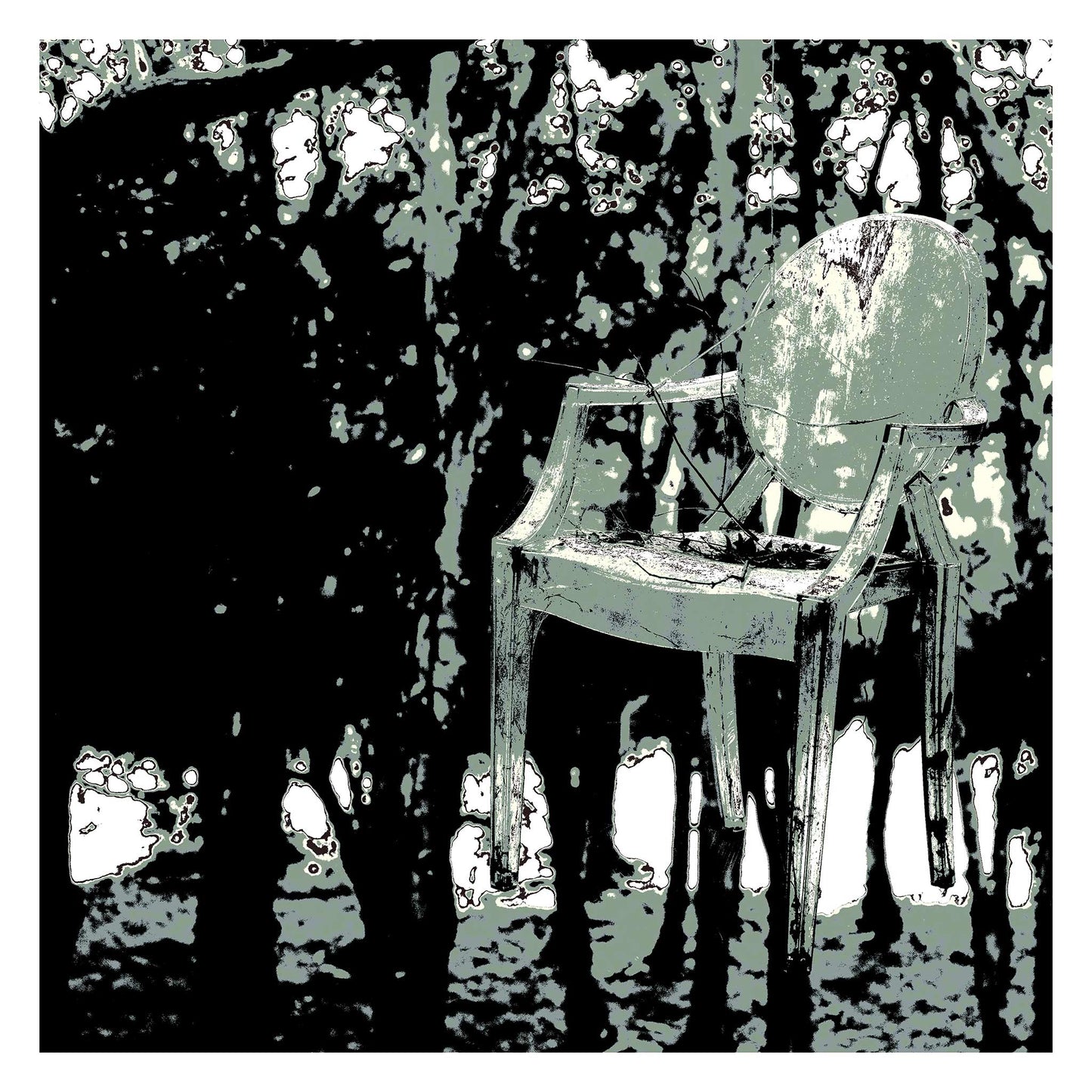 Vivid Country - Woolgoolga - Ghost Chair - 205114v28b - 104x104cm, Stylised artwork of a weathered armchair seemingly suspended in mid-air among a dense, high-contrast forest in Woolgoolga, rendered in haunting tones of grey, black, and pale green.