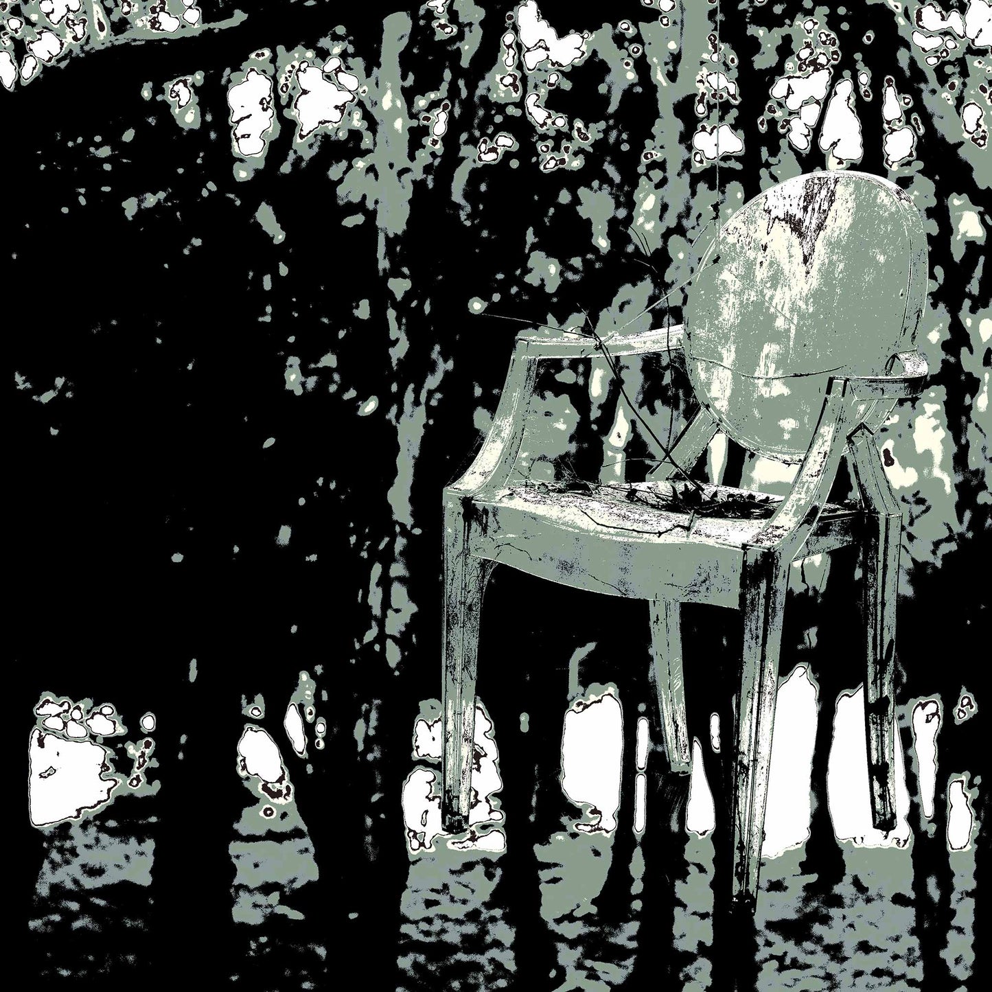 Vivid Country - Woolgoolga - Ghost Chair - 205114v28b - 90x90cm, Stylised artwork of a weathered armchair seemingly suspended in mid-air among a dense, high-contrast forest in Woolgoolga, rendered in haunting tones of grey, black, and pale green.