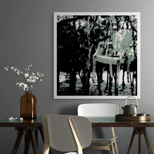 Vivid Country - Woolgoolga - Ghost Chair - 205114v28b - Room View, Stylised artwork of a weathered armchair seemingly suspended in mid-air among a dense, high-contrast forest in Woolgoolga, rendered in haunting tones of grey, black, and pale green.