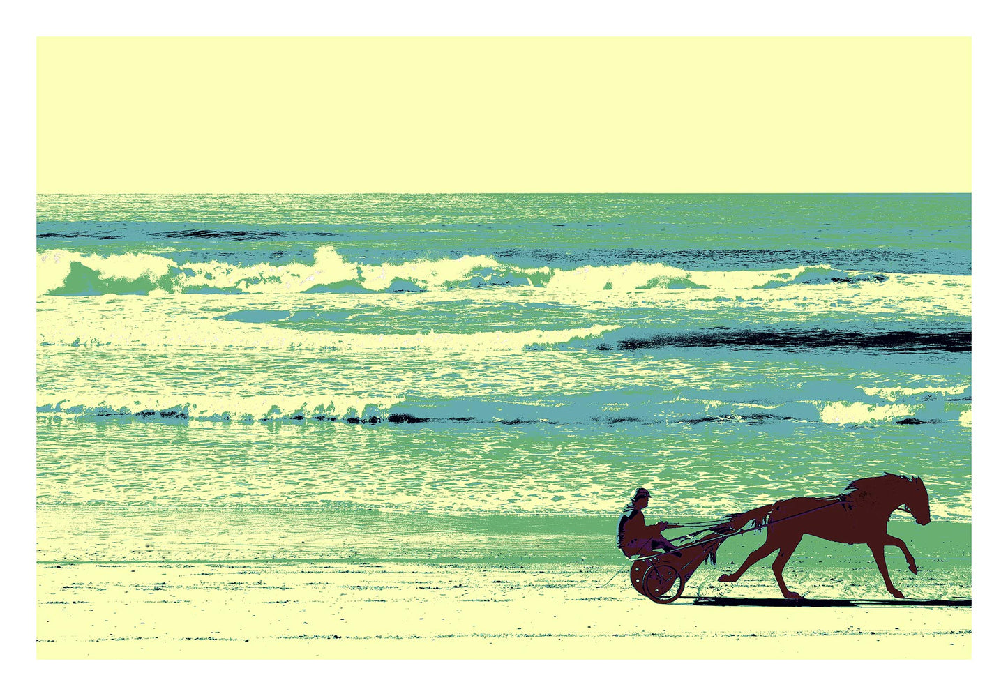 Vivid Country - Wooyung - Beach Trotter - 197026-8v1 - 104x74cm, Silhouetted horse and rider in a sulky cart trotting along Wooyung Beach, with stylised waves and sky rendered in bold posterised tones of green, blue, and lemon yellow.