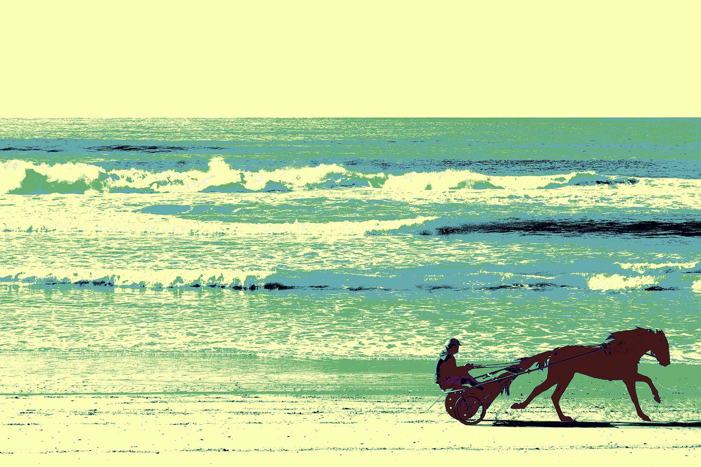 Vivid Country - Wooyung - Beach Trotter - 197026-8v1 - 90x60cm, Silhouetted horse and rider in a sulky cart trotting along Wooyung Beach, with stylised waves and sky rendered in bold posterised tones of green, blue, and lemon yellow.
