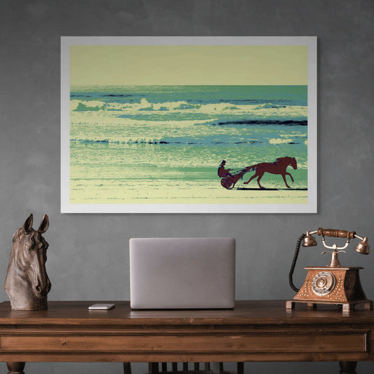 Vivid Country - Wooyung - Beach Trotter - 197026-8v1 - Room View, Silhouetted horse and rider in a sulky cart trotting along Wooyung Beach, with stylised waves and sky rendered in bold posterised tones of green, blue, and lemon yellow.