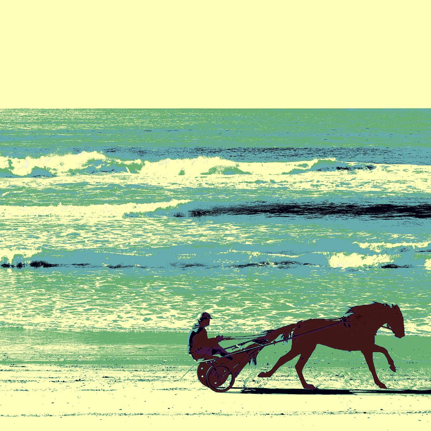 Vivid Country - Wooyung - Beach Trotter - 197026-8v1 - Close Detail View, Silhouetted horse and rider in a sulky cart trotting along Wooyung Beach, with stylised waves and sky rendered in bold posterised tones of green, blue, and lemon yellow.