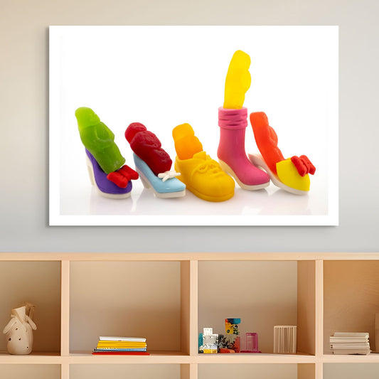 Walk a Mile in My Shoes 2805v1 - Room View, fine art photograph by Raymond Mather featuring brightly coloured jelly baby figures placed playfully inside an eclectic mix of miniature shoes. A pop art composition that brings a humorous twist to empathy and individuality.