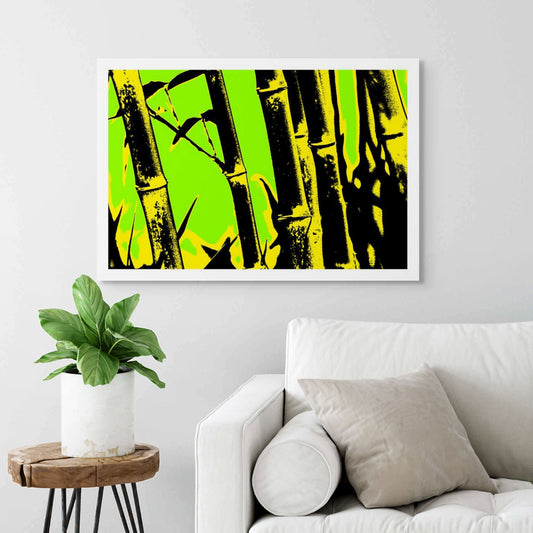Xtra POP Set - Bamboo - 20061221-27v10 - Room View, Stylised bamboo scene with bold yellow and black stalks on a vivid lime green background; graphic Pop Art treatment with minimalist, high-contrast impact.