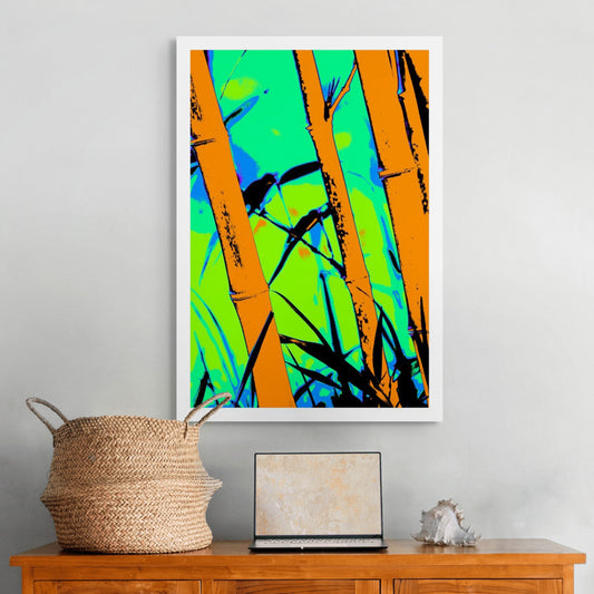 Xtra POP Set - Bamboo - 20070104-102v4 - Room View, Stylised bamboo scene with vivid orange stalks, bright green background, and two silhouetted birds; minimalist Pop Art aesthetic with bold colour and contrast.