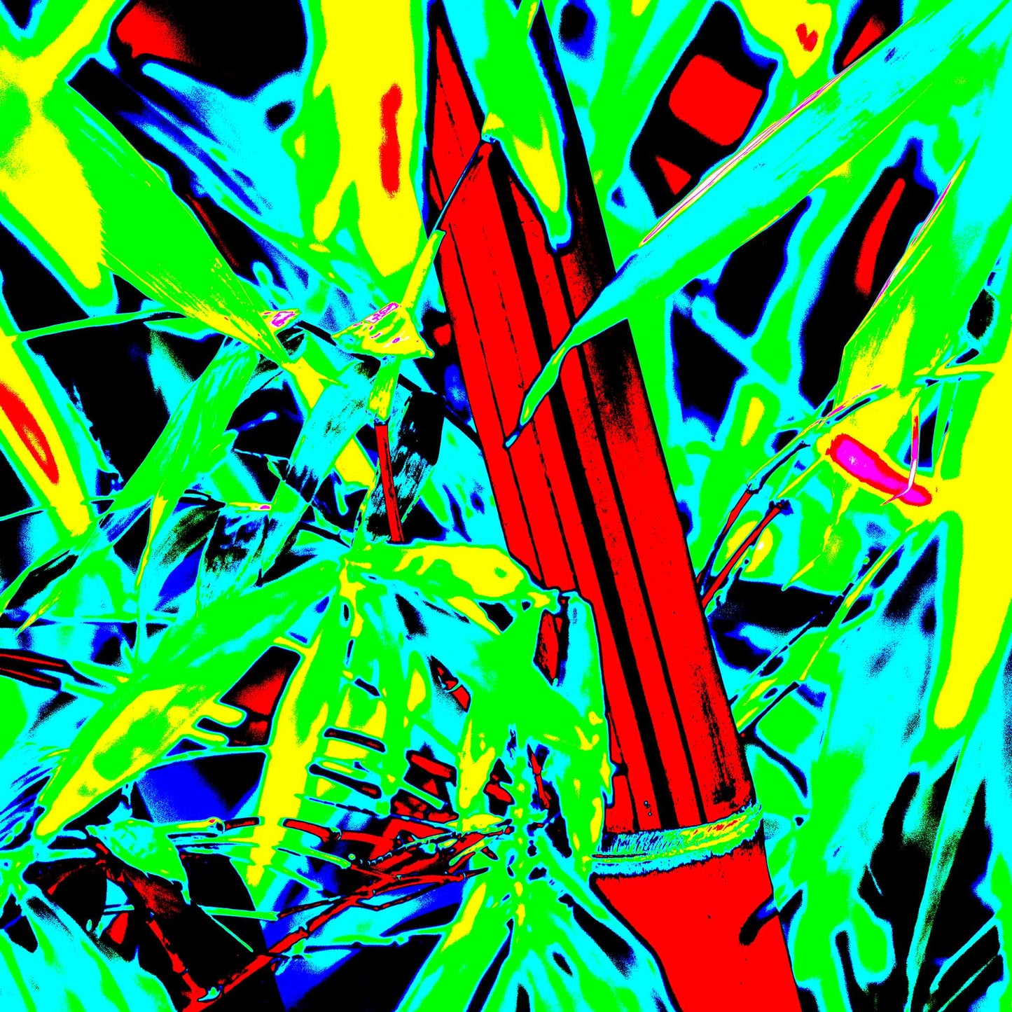 Xtra POP Set - Bamboo - 36904830v4 - 90x90cm, Bamboo artwork in vivid Pop Art style with red stalk, neon green foliage, and cyan-yellow accents; high-contrast digital remix of a tropical scene.