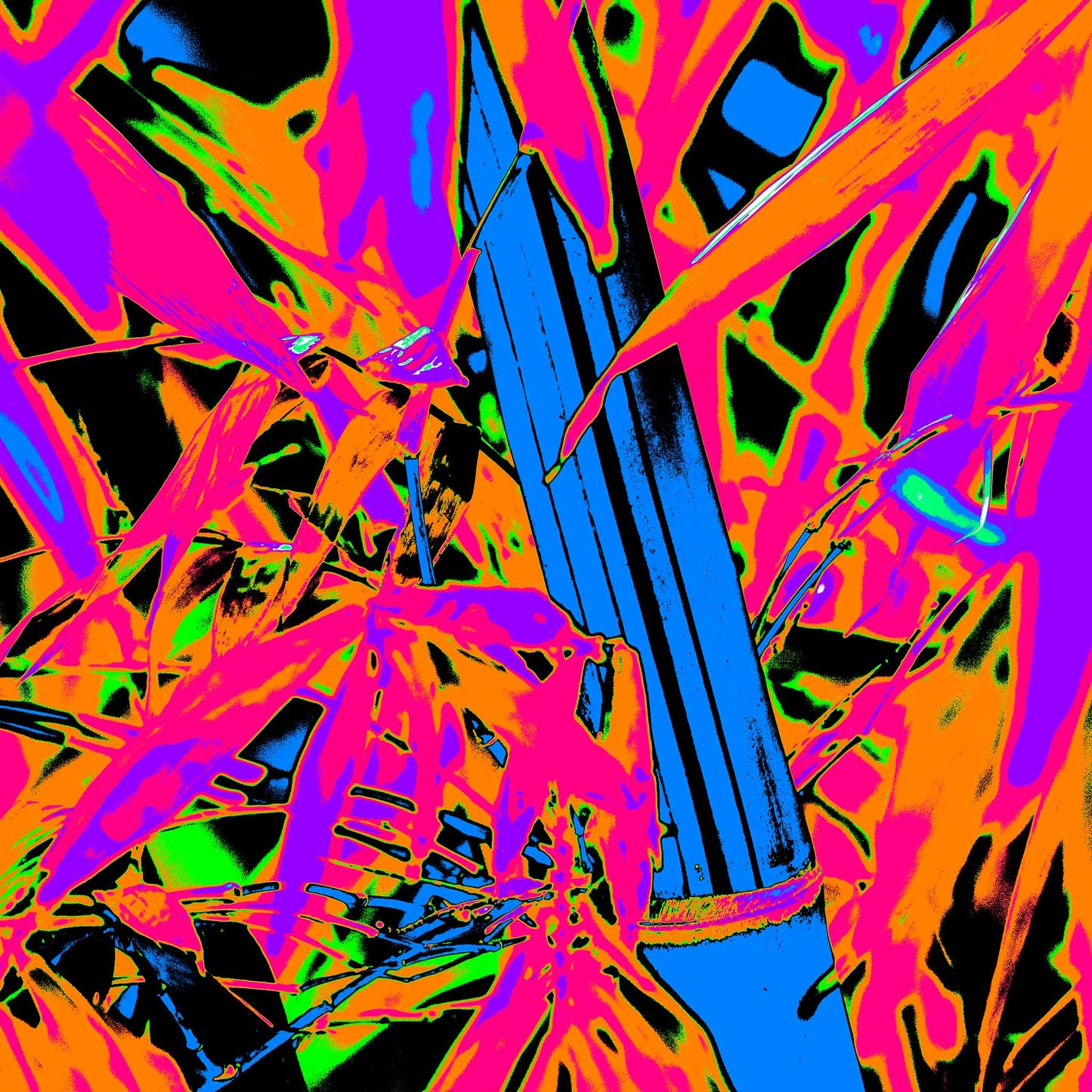 Xtra POP Set - Bamboo - 36904830v6 - 90x90cm, Pop Art bamboo with vivid electric blue stalk, hot pink foliage, and fiery orange-green background; a high-contrast abstract composition bursting with neon intensity.