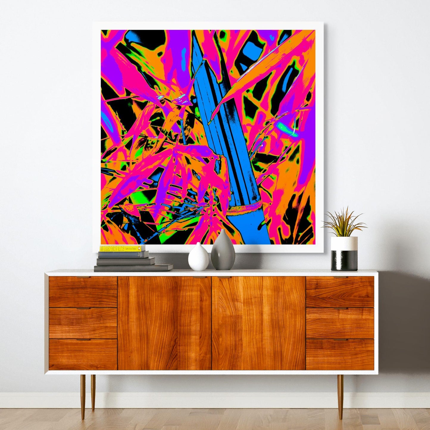 Xtra POP Set - Bamboo - 36904830v6 - Room View, Pop Art bamboo with vivid electric blue stalk, hot pink foliage, and fiery orange-green background; a high-contrast abstract composition bursting with neon intensity.