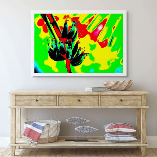 Xtra POP Set - Bananas - Swans Rd - 143464v2 - Room View, Stylised banana cluster against a vivid red, yellow, and green digitally altered background with neon contrast.