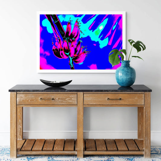 Xtra POP Set - Bananas - Swans Rd - 143464v3 - Room View, Fluorescent pink bananas with cyan shadows set against an intense electric blue sky in a vibrant digital artwork.