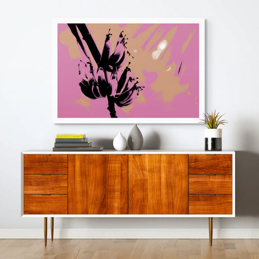 Xtra POP Set - Bananas - Swans Rd - 143464v4 - Room View, Black banana cluster silhouette over a stylised pink and ochre background, evoking vintage poster pop art.