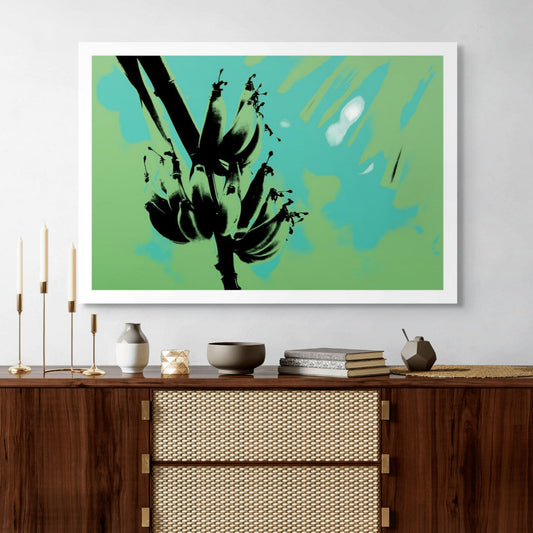 Xtra POP Set - Bananas - Swans Rd - 143464v5 - Room View, Stylised black banana silhouette over a green and turquoise screen print-style background, with soft retro hues.