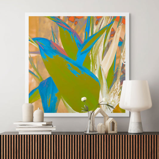 Xtra POP Set - Bird of Paradise - 185937v2 - Room View, Stylised green and blue tropical plant with red accents and sandy background, in a vibrant pop art palette.