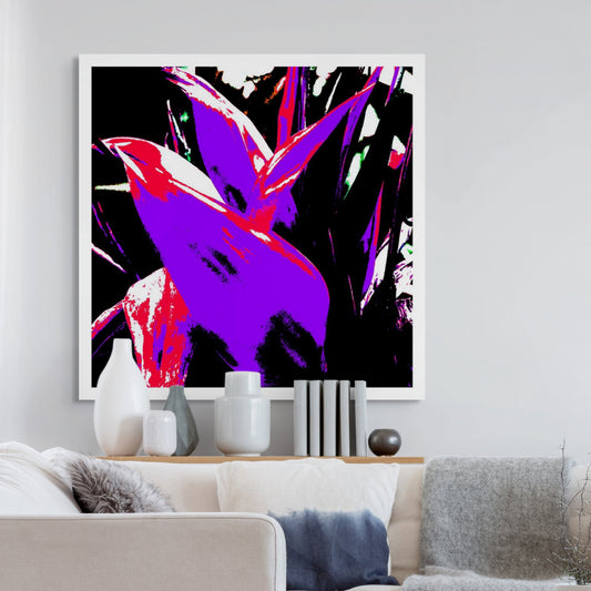 Xtra POP Set - Bird of Paradise - 185937v4 - Room View, Posterised purple and red tropical leaves with stark black background, bold Pop Art interpretation.
