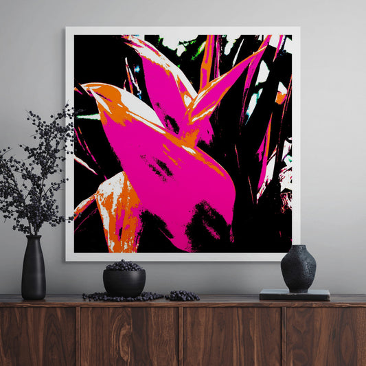 Xtra POP Set - Bird of Paradise - 185937v5 - Room View, Vivid pink and orange tropical leaves with black background, electrified Pop Art style.