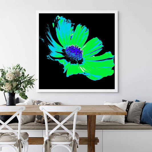 Xtra POP Set - Echinacea Flower - 990319v8 - Room View, A neon pop art-style flower with bright green petals and a deep blue-purple centre on a black background. Vibrant graphic floral. Limited edition fine art print.