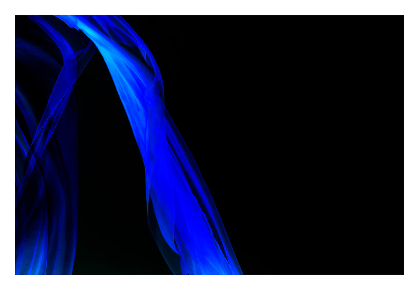 Xtra POP Set - Fabric Flow - Blue - 1936900122v27 - 104x74cm, Abstract blue sheer fabric in motion on a black background. Minimalist and luminous. Limited edition fine art print.