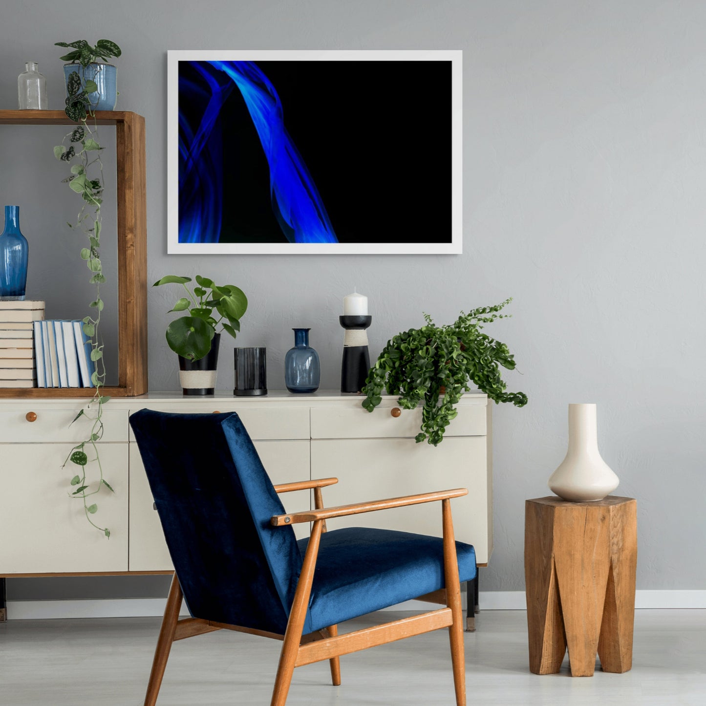 Xtra POP Set - Fabric Flow - Blue - 1936900122v27 - Room View, Abstract blue sheer fabric in motion on a black background. Minimalist and luminous. Limited edition fine art print.