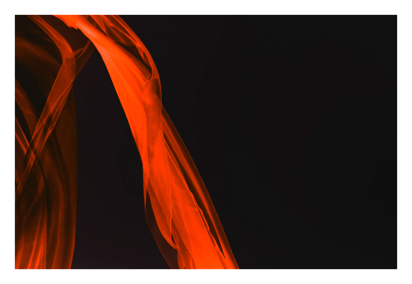 Xtra POP Set - Fabric Flow - Red - 1936900122v33 - 104x74cm, Vivid red sheer fabric flows diagonally over black background. Abstract movement with bold contrast. Limited edition fine art print.