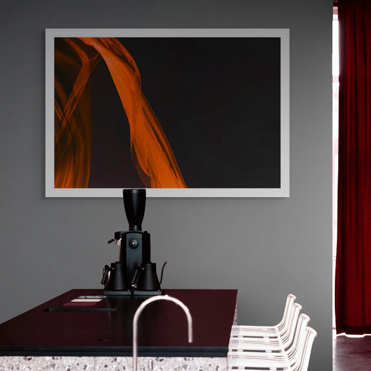 Xtra POP Set - Fabric Flow - Red - 1936900122v33 - Room View, Vivid red sheer fabric flows diagonally over black background. Abstract movement with bold contrast. Limited edition fine art print.