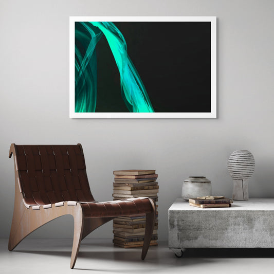 Xtra POP Set - Fabric Flow - Teal - 1936900122v30 - Room View, Flowing teal fabric curves over a black background. Abstract, airy composition in this limited edition fine art print.