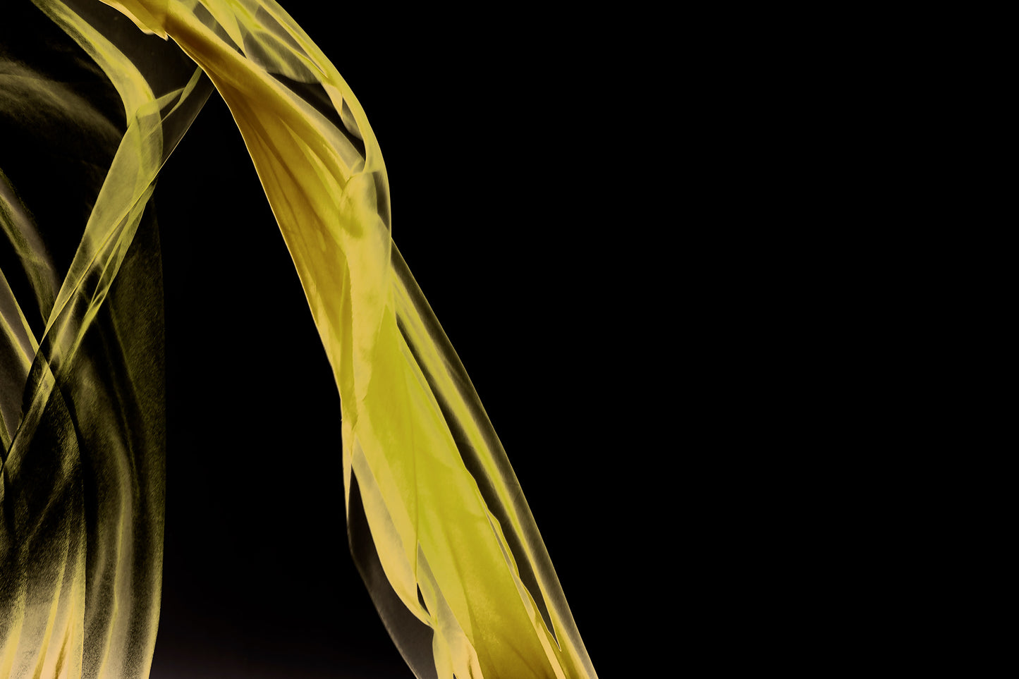 Xtra POP Set - Fabric Flow - Yellow - 1936900122v56 - 90x60cm, Flowing yellow fabric sweeps across a black background in this limited edition fine art print.