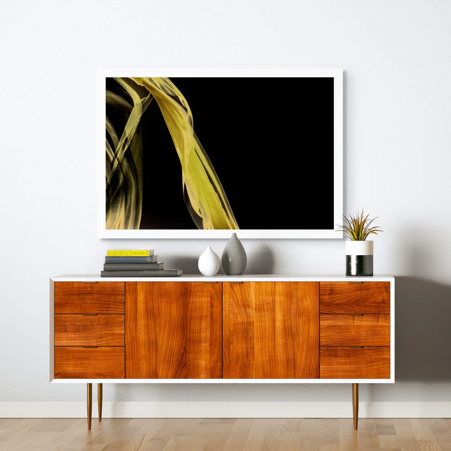 Xtra POP Set - Fabric Flow - Yellow - 1936900122v56 - Room View, Flowing yellow fabric sweeps across a black background in this limited edition fine art print.