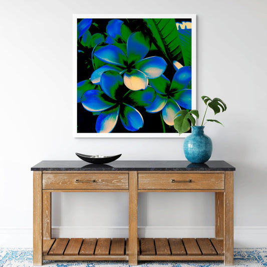Xtra POP Set - Frangipani Cluster - 185892v20a - Room View, Stylised cluster of frangipani flowers in deep blue and emerald green hues with soft cream highlights, set against dark tropical foliage in a bold Pop Art interpretation.
