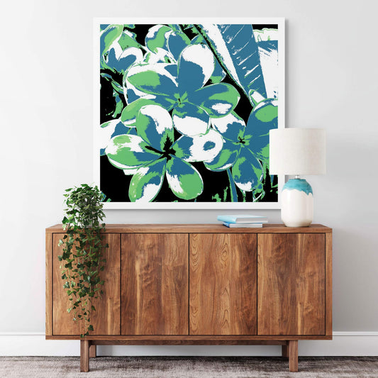 Xtra POP Set - Frangipani Cluster - 185892v35 - Room View, A digitally altered frangipani cluster with slate blue and green petals against a black background, stylised in bold Pop Art contrast.
