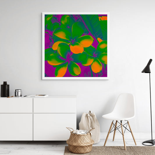 Xtra POP Set - Frangipani Cluster - 185892v4a - Room View, Vibrant frangipani flowers in orange and green with purple shadows, stylised in a bold Pop Art botanical treatment.