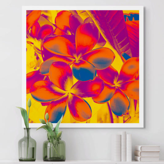 Xtra POP Set - Frangipani Cluster - 185892v6a - Room View, Tropical frangipani flowers in fiery red-orange and magenta hues against a glowing yellow background, rendered in vivid Pop Art style.