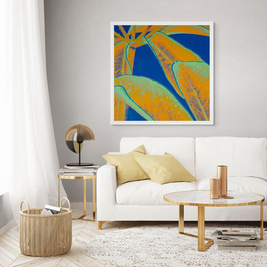 Xtra POP Set - Frangipani Leaves - 184836v10a - Room View, Tropical leaves in orange and teal tones with water droplets, set against a vivid dark blue background in a stylised Pop Art design.