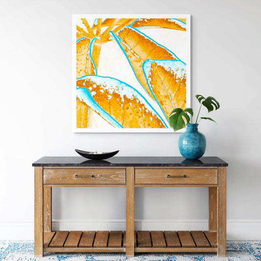 Xtra POP Set - Frangipani Leaves - 184836v6a - Room View, Vibrant orange frangipani leaves edged with bright turquoise, overlaid with water droplet textures on a pale background in a graphic Pop Art style.