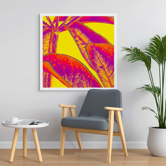 Xtra POP Set - Frangipani Leaves - 184836v8a - Room View, Electric red and magenta frangipani leaves with water droplets set against a vivid yellow background in a high-contrast Pop Art palette.