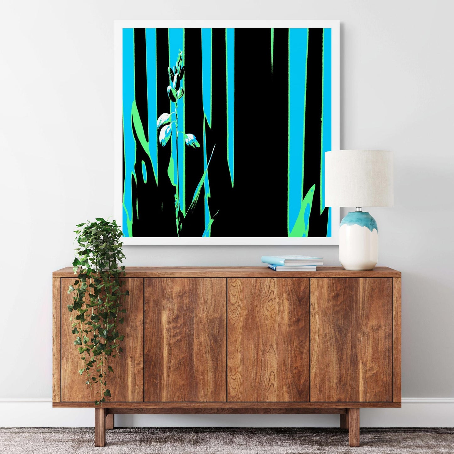 Xtra POP Set - Garden Flower - 188657E5v42 - Room View, Pale botanical silhouette in front of turquoise, green, and black vertical bands with bold Pop Art contrast.