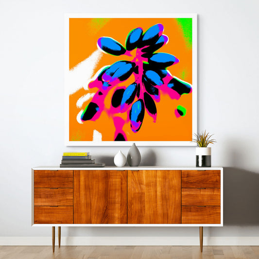 Xtra POP Set - Ginger Flower Buds - 181863v9 - Room View, Vivid electric blue buds on a magenta-red stem over a saturated orange background, accented with lime green and hot pink tones.