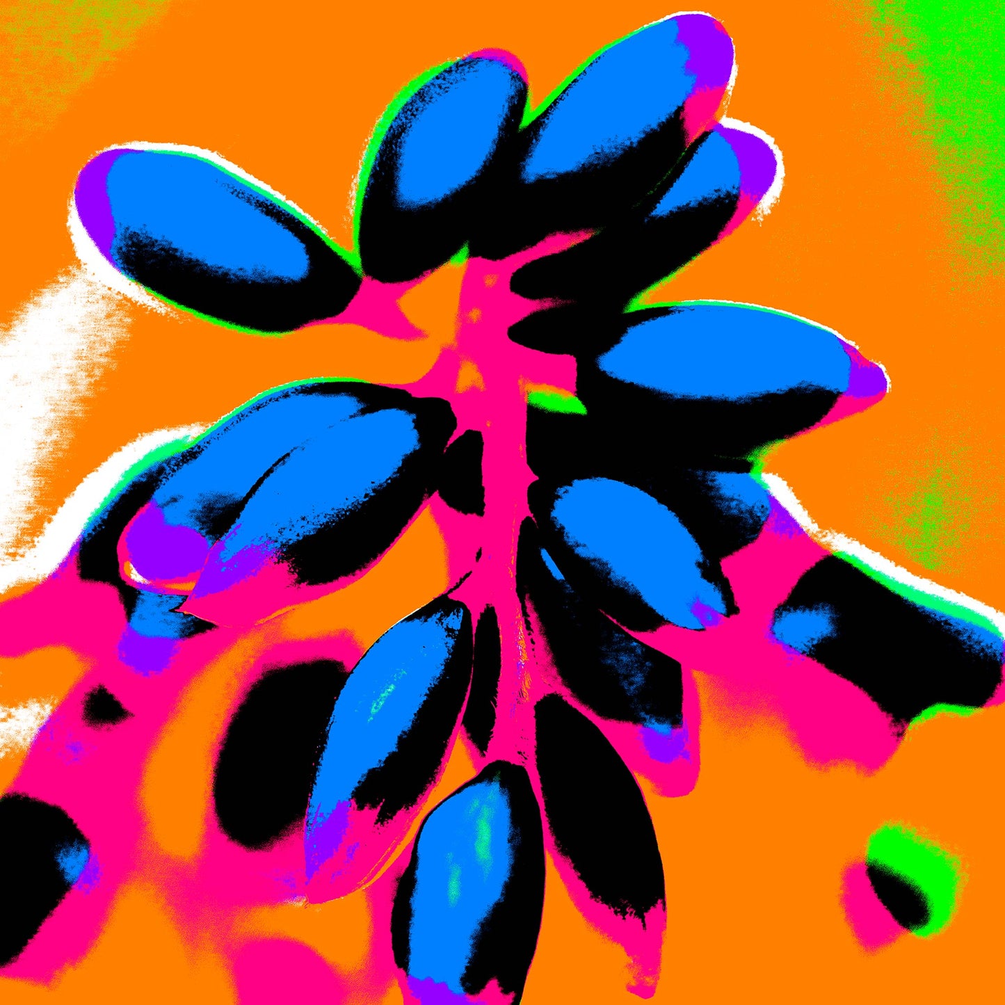 Xtra POP Set - Ginger Flower Buds - 181863v9 - Close Detail View, Vivid electric blue buds on a magenta-red stem over a saturated orange background, accented with lime green and hot pink tones.