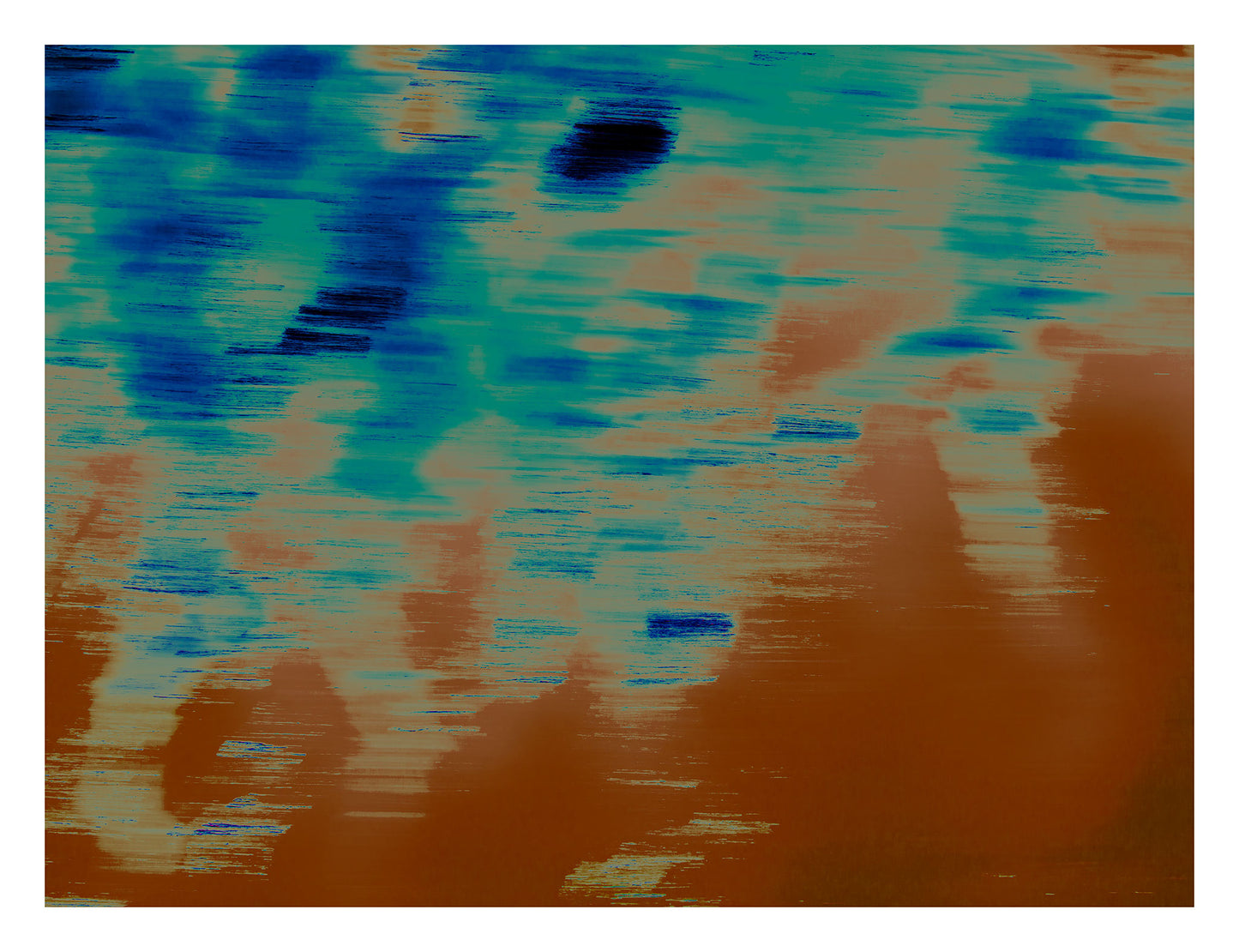 Xtra POP Set - Global Roaming - Oceanic Markings - Coral Sea - 140059v11 - 104x81.5cm, Abstract coastal artwork with teal, rust, and indigo brushstroke textures evoking water reflections. Limited edition fine art print.